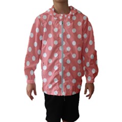 Coral And White Polka Dots Kids  Hooded Windbreaker by GardenOfOphir