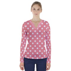 Coral And White Polka Dots V-neck Long Sleeve Top by GardenOfOphir