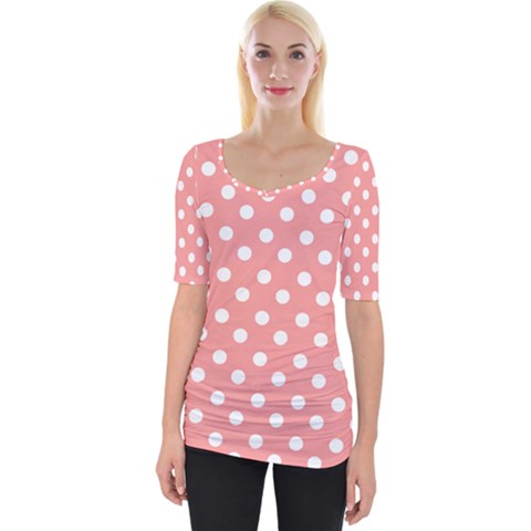 Coral And White Polka Dots Wide Neckline Tee by GardenOfOphir