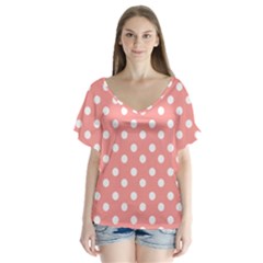 Coral And White Polka Dots V-neck Flutter Sleeve Top by GardenOfOphir