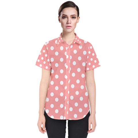 Coral And White Polka Dots Women s Short Sleeve Shirt by GardenOfOphir