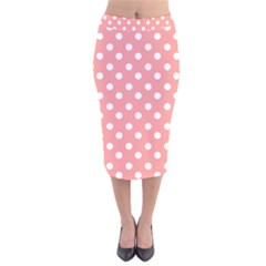 Coral And White Polka Dots Velvet Midi Pencil Skirt by GardenOfOphir