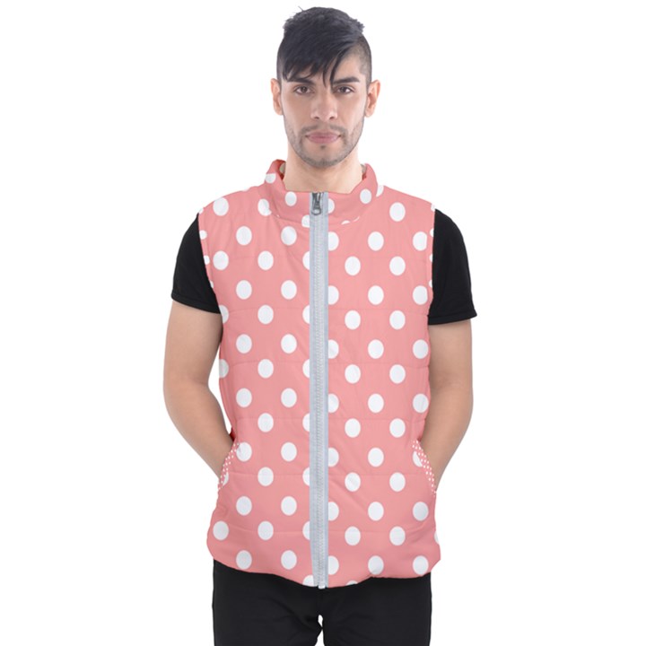 Coral And White Polka Dots Men s Puffer Vest