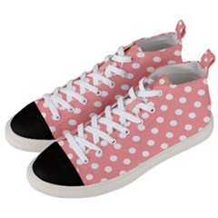 Coral And White Polka Dots Men s Mid-top Canvas Sneakers by GardenOfOphir