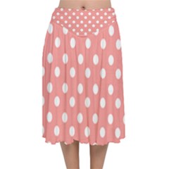 Coral And White Polka Dots Velvet Flared Midi Skirt by GardenOfOphir