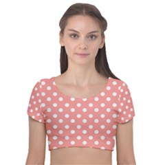 Coral And White Polka Dots Velvet Short Sleeve Crop Top  by GardenOfOphir