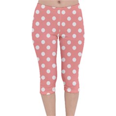 Coral And White Polka Dots Velvet Capri Leggings  by GardenOfOphir