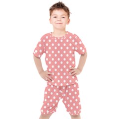 Coral And White Polka Dots Kids  Tee And Shorts Set by GardenOfOphir