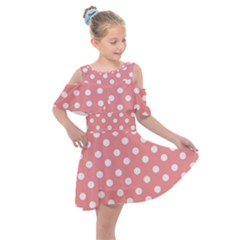 Coral And White Polka Dots Kids  Shoulder Cutout Chiffon Dress by GardenOfOphir