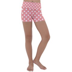 Coral And White Polka Dots Kids  Lightweight Velour Yoga Shorts by GardenOfOphir