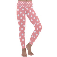 Coral And White Polka Dots Kids  Lightweight Velour Classic Yoga Leggings by GardenOfOphir