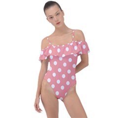 Coral And White Polka Dots Frill Detail One Piece Swimsuit by GardenOfOphir