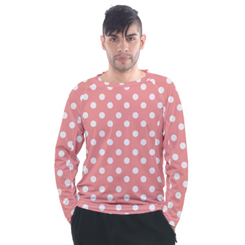 Coral And White Polka Dots Men s Long Sleeve Raglan Tee by GardenOfOphir