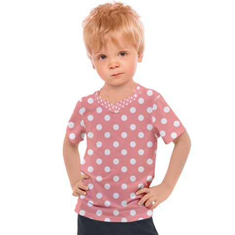 Coral And White Polka Dots Kids  Sports Tee by GardenOfOphir