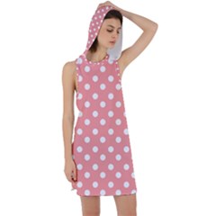 Coral And White Polka Dots Racer Back Hoodie Dress by GardenOfOphir