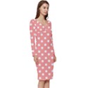 Coral And White Polka Dots Long Sleeve V-Neck Bodycon Dress  View3