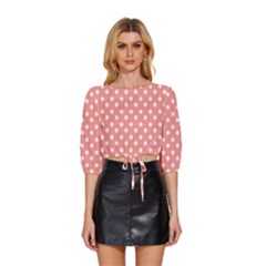 Coral And White Polka Dots Mid Sleeve Drawstring Hem Top by GardenOfOphir