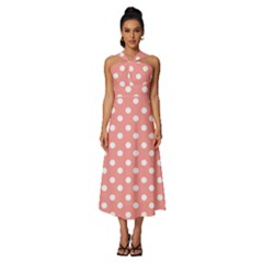 Coral And White Polka Dots Sleeveless Cross Front Cocktail Midi Chiffon Dress by GardenOfOphir