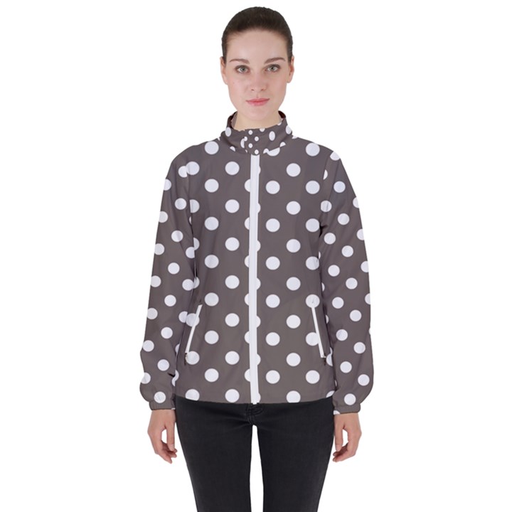 Brown And White Polka Dots Women s High Neck Windbreaker