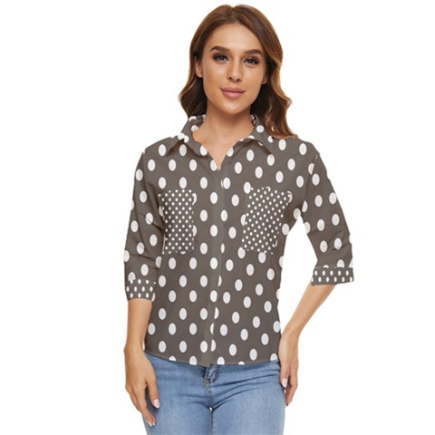 Brown And White Polka Dots Women s Quarter Sleeve Pocket Shirt by GardenOfOphir