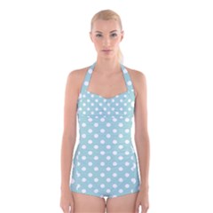 Blue And White Polka Dots Boyleg Halter Swimsuit  by GardenOfOphir