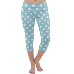 Blue And White Polka Dots Capri Yoga Leggings by GardenOfOphir