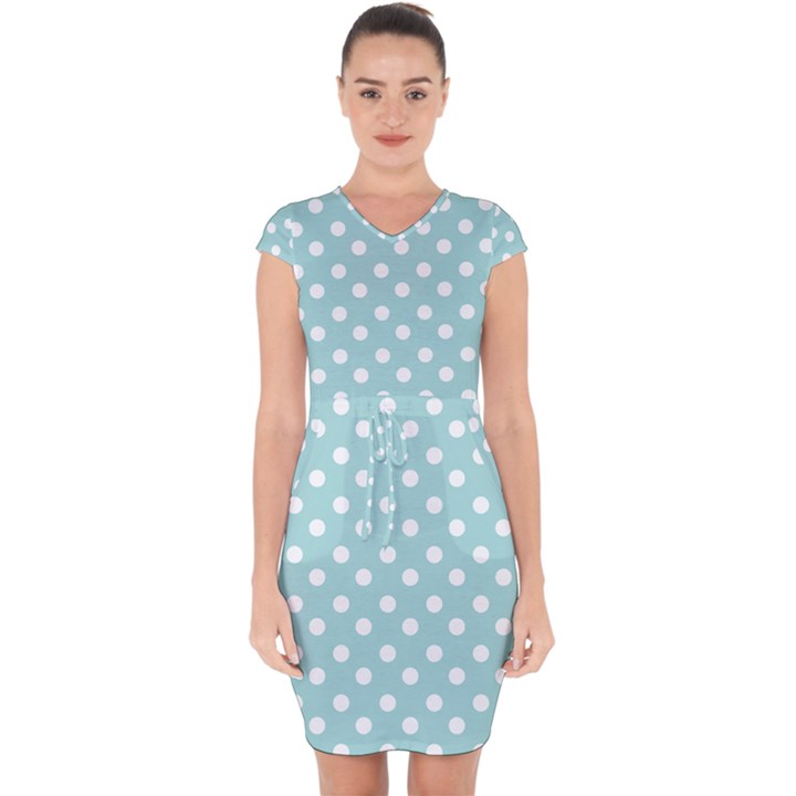 Blue And White Polka Dots Capsleeve Drawstring Dress 