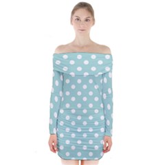 Blue And White Polka Dots Long Sleeve Off Shoulder Dress by GardenOfOphir