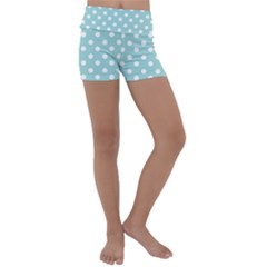 Blue And White Polka Dots Kids  Lightweight Velour Yoga Shorts by GardenOfOphir