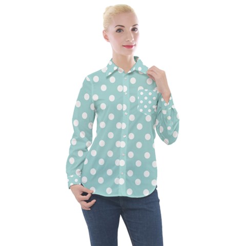 Blue And White Polka Dots Women s Long Sleeve Pocket Shirt by GardenOfOphir