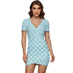 Blue And White Polka Dots Low Cut Cap Sleeve Mini Dress by GardenOfOphir