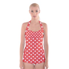 Indian Red Polka Dots Boyleg Halter Swimsuit  by GardenOfOphir