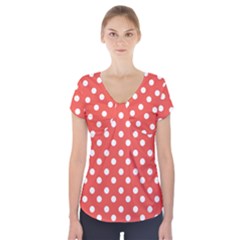 Indian Red Polka Dots Short Sleeve Front Detail Top by GardenOfOphir