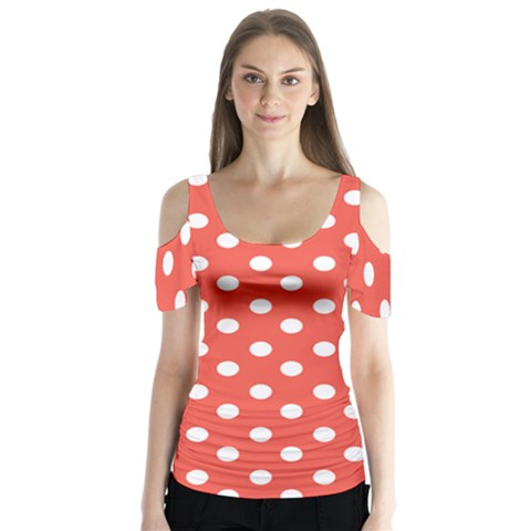 Indian Red Polka Dots Butterfly Sleeve Cutout Tee  by GardenOfOphir