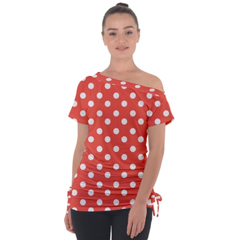 Indian Red Polka Dots Off Shoulder Tie-up Tee by GardenOfOphir