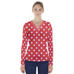 Indian Red Polka Dots V-neck Long Sleeve Top by GardenOfOphir