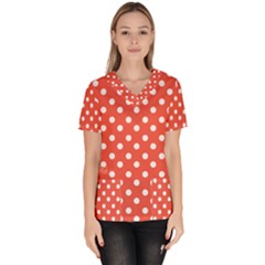 Indian Red Polka Dots Women s V-neck Scrub Top by GardenOfOphir