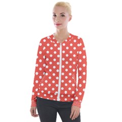 Indian Red Polka Dots Velvet Zip Up Jacket by GardenOfOphir