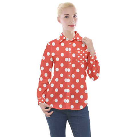 Indian Red Polka Dots Women s Long Sleeve Pocket Shirt by GardenOfOphir