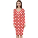 Indian Red Polka Dots Long Sleeve V-Neck Bodycon Dress  View1