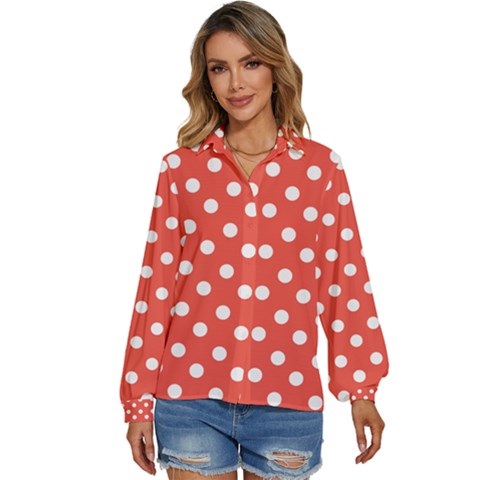 Indian Red Polka Dots Women s Long Sleeve Button Down Shirt by GardenOfOphir