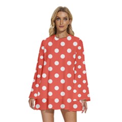 Indian Red Polka Dots Round Neck Long Sleeve Bohemian Style Chiffon Mini Dress by GardenOfOphir