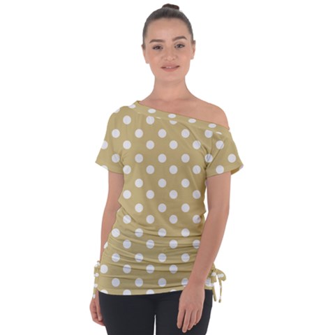 Mint Polka And White Polka Dots Off Shoulder Tie-up Tee by GardenOfOphir