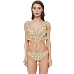 Mint Polka And White Polka Dots Low Cut Ruffle Edge Bikini Set by GardenOfOphir