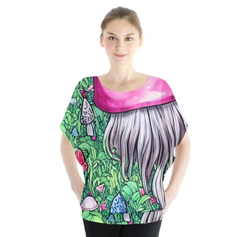 Liberty Cap Magic Mushroom Batwing Chiffon Blouse by GardenOfOphir