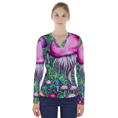 Liberty Cap Magic Mushroom V-neck Long Sleeve Top by GardenOfOphir