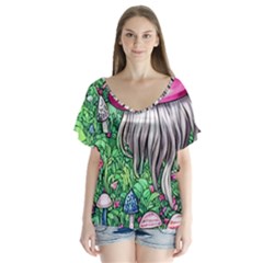 Liberty Cap Magic Mushroom V-neck Flutter Sleeve Top by GardenOfOphir