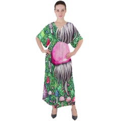 Liberty Cap Magic Mushroom V-neck Boho Style Maxi Dress by GardenOfOphir