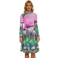 Liberty Cap Magic Mushroom Long Sleeve Shirt Collar A-line Dress by GardenOfOphir