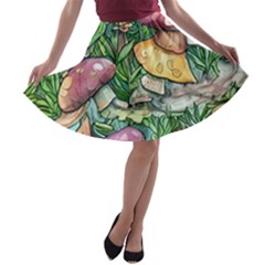 Sacred Mushroom Charm A-line Skater Skirt by GardenOfOphir